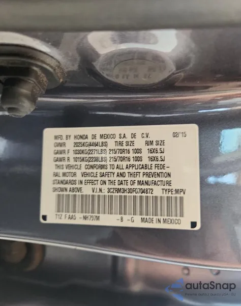 2015 Honda Cr-V Lx z USA, uszkodzony, nr VIN 3CZRM3H30FG704872